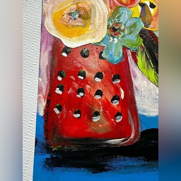 Original Art Painting Mixed Media Acrylic Collage on Canvas Board Red Floral - Picture 3 of 12